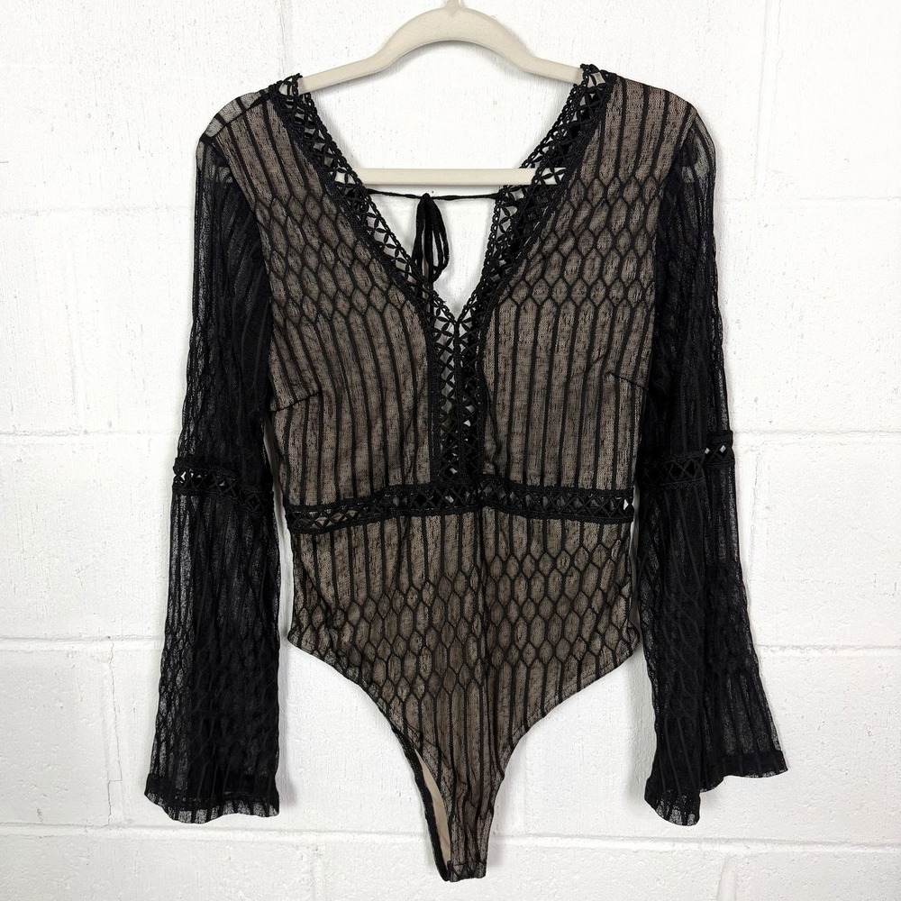 Baevely Bodysuit Flare Sleeves Sheer Crochet Whimsigoth Renfair Vamp Steampunk M